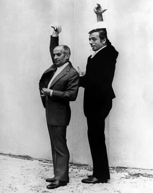 Луи де Фюнес и Ив Монтан тренируются танцевать фламенко во время съёмок фильма "Мания величия" (1971)