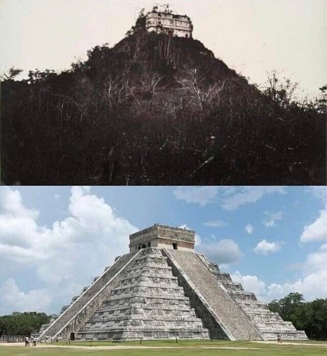 Чичен-Ица, политический и культурный центр майя на севере полуострова Юкатан в Мексике, в 1892 году и сейчас