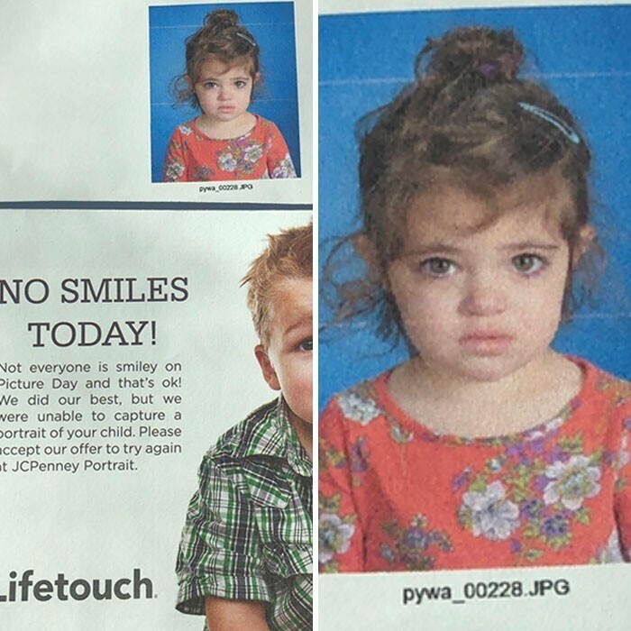 "Это первое фото дочери в школе. Мне прислали оттуда письмо о том, что на съемке ее так и не заставили улыбнуться"