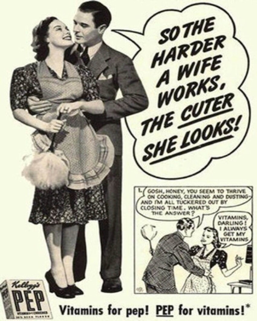 Реклама Kellogg's 1930-х поощряла женщин усердно работать — дома: "Чем старательнее жена работает, тем она красивее".