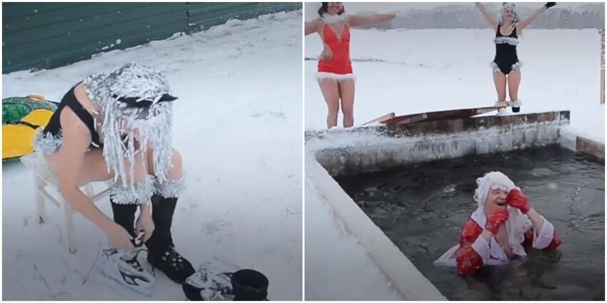 "Мы начинаем подготовку к Новому году": моржи из Кемерова в купальниках и трусах прокатились по льду