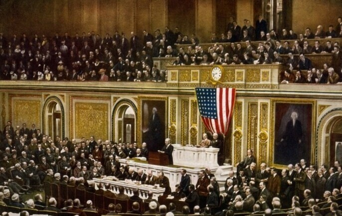 Президент Вудрос Вильсон требует у Конгресса объявить войну Германии, 2 апреля 1917