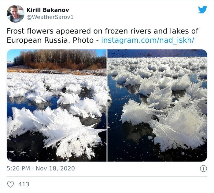 3. Снежные цветы появились на замерзших реках и озерах европейской части России