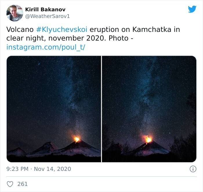 4. Извержение вулкана Ключевская сопка на Камчатке, ноябрь 2020 г.