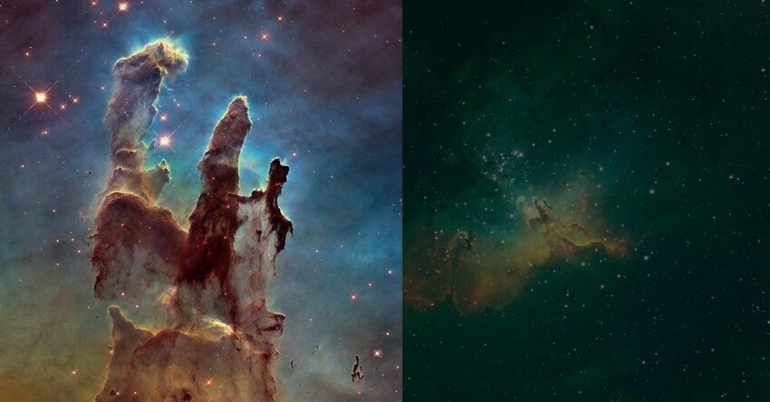 Знаменитые Столпы Творения, снятые Хабблом, а справа - снимок с Земли