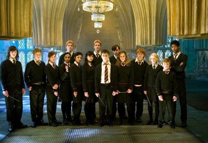 В фильме "Гарри Поттер и Орден Феникса" (2007) все девушки в юбках, кроме Джинни (3-я слева) - вероятно, брюки достались ей от братьев