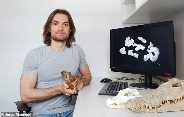 Исследователь из Университета Квинсленда Йорго Ристевски с черепом Paludirex vincenti