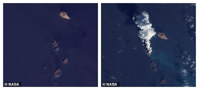 В декабре 2011 года в Красном море произошло извержение вулкана. В результате образовался новый остров - как видно на разнице между фотографиями 2007 года (слева) и 2011 года (справа)