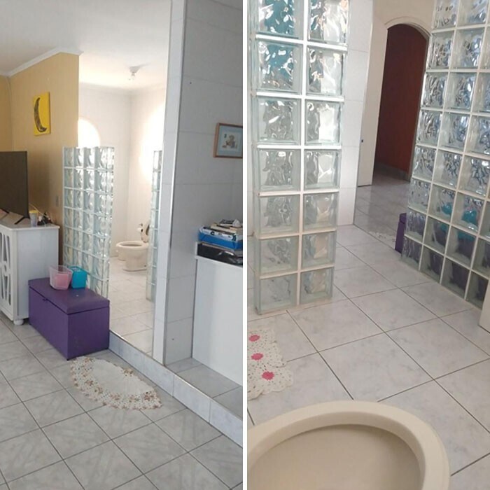 3. Туалет со стеклянной перегородкой и без дверей, прямо при входе в квартиру