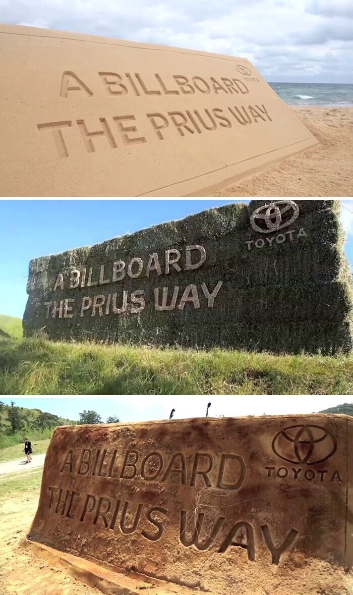 "Биллборд как Prius" - реклама экологичного автомобиля Toyota Prius на биллбордах из природных материалов