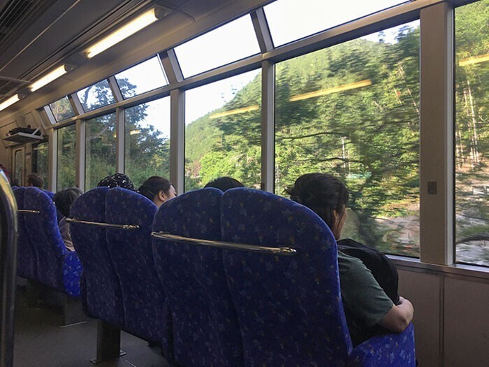 Сиденья в японском поезде повернуты к окну, чтобы пассажиры могли любоваться пейзажами