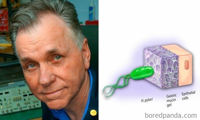 Врач Барри Маршалл впервые доказал, что язва желудка в большинстве случаев вызывается бактерией Helicobacter pylori