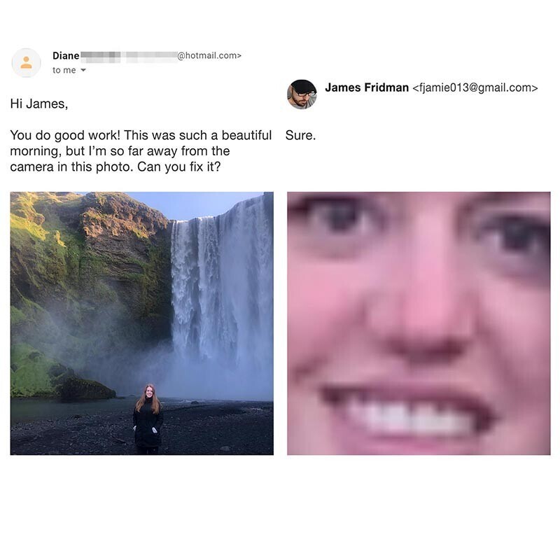 Одна женщина явно получила куда больше, чем ожидала, после того как попросила Джеймса на снимке с водопадом пододвинуть её поближе к камере
