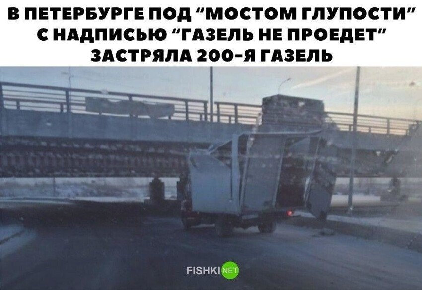 В Петербурге под "мостом глупости" с надписью "Газель не пройдет" застряла 200-я газель