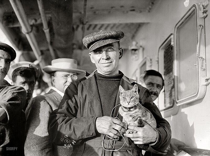 Мелвин Ваниман и его кот на борту парохода «Trent off Bermuda» в октябре 1910 года.