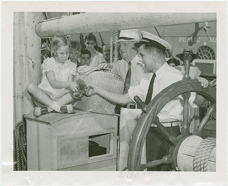 Семилетняя Робин Такер дарит котенка экипажу корабля на Всемирной выставке 1939 года.