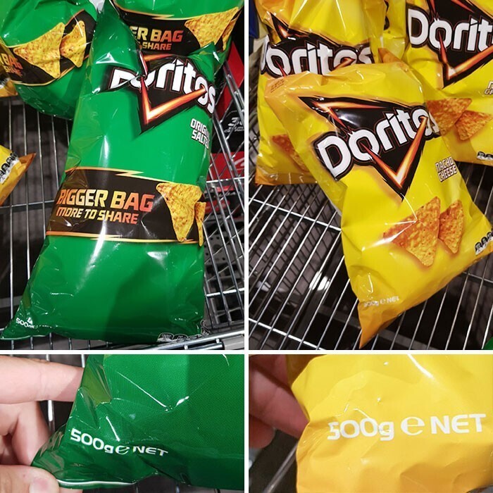 8. Вес продукта в обеих упаковках - 500 г, но зеленая подается как "здесь чипсов больше на 30 процентов"