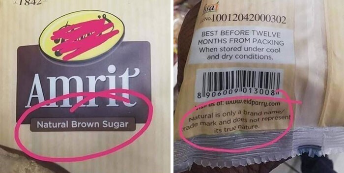 28. На лицевой стороне упаковки написано "Натуральный коричневый сахар". На обратной - "Натуральный" - это всего лишь название бренда"