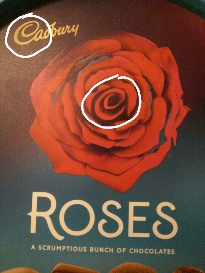 Компания Cadburry мастерски вписала свой логотип в центр розы, нарисованной на коробке с конфетами