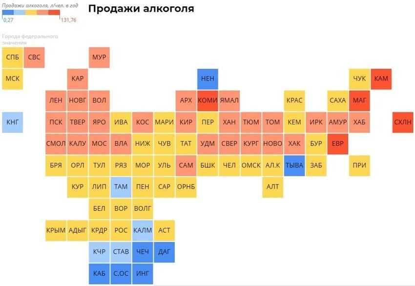 Продажи алкоголя в литрах на человека в регионах России