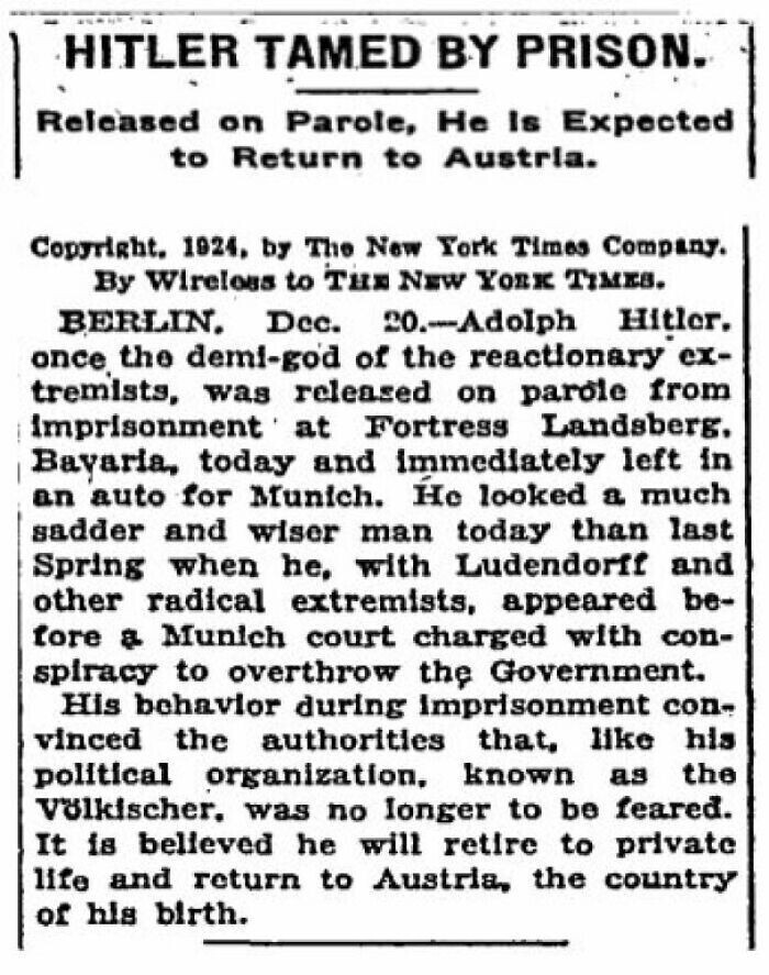 Статья в New York Times, 1924 год: "Тюрьма укротила Гитлера"