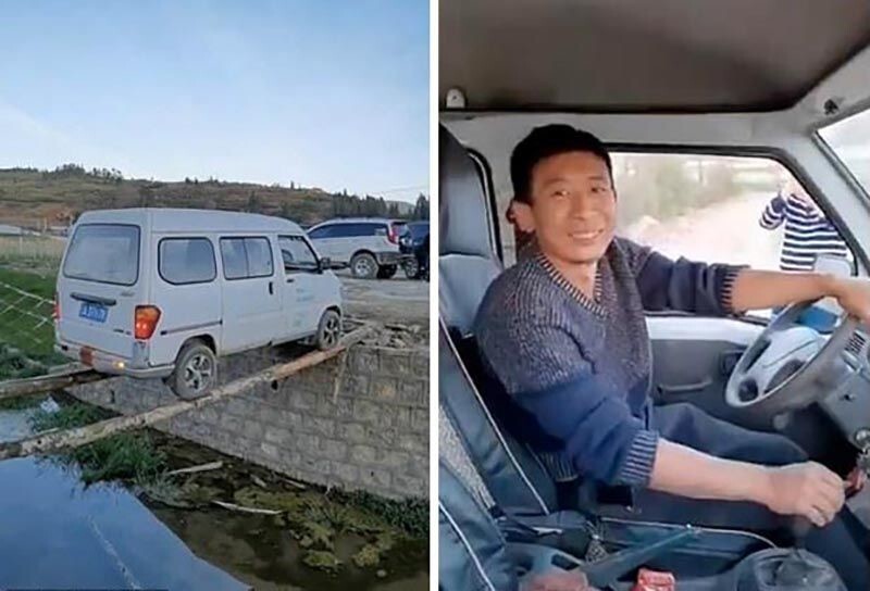 Водитель из Китая продемонстрировал невероятное мастерство, проехав по двум брёвнам