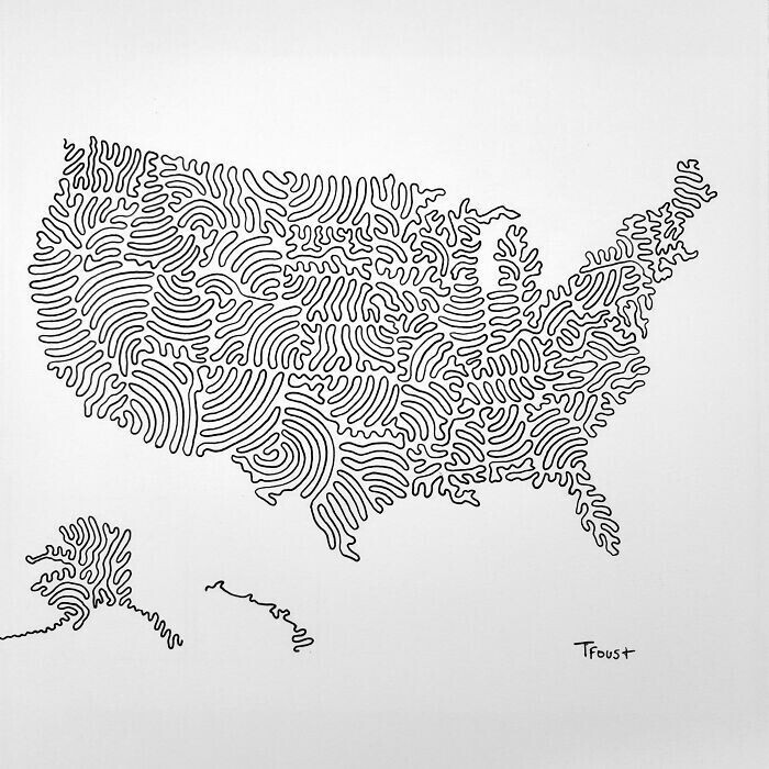 Карта США с границами штатов, нарисованная тремя линиями