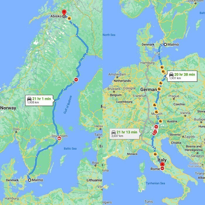 Оказывается, путь от Мальме до Абиско - с одного конца Швеции до другого - длиннее, чем путь от Мальме до Рима, проходящий через пять стран