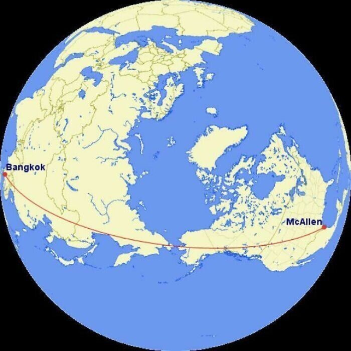 Самый прямой маршрут из Макаллена, Техас, до Бангкока: если лететь по нему, над морем пройдет лишь около 70 километров трассы