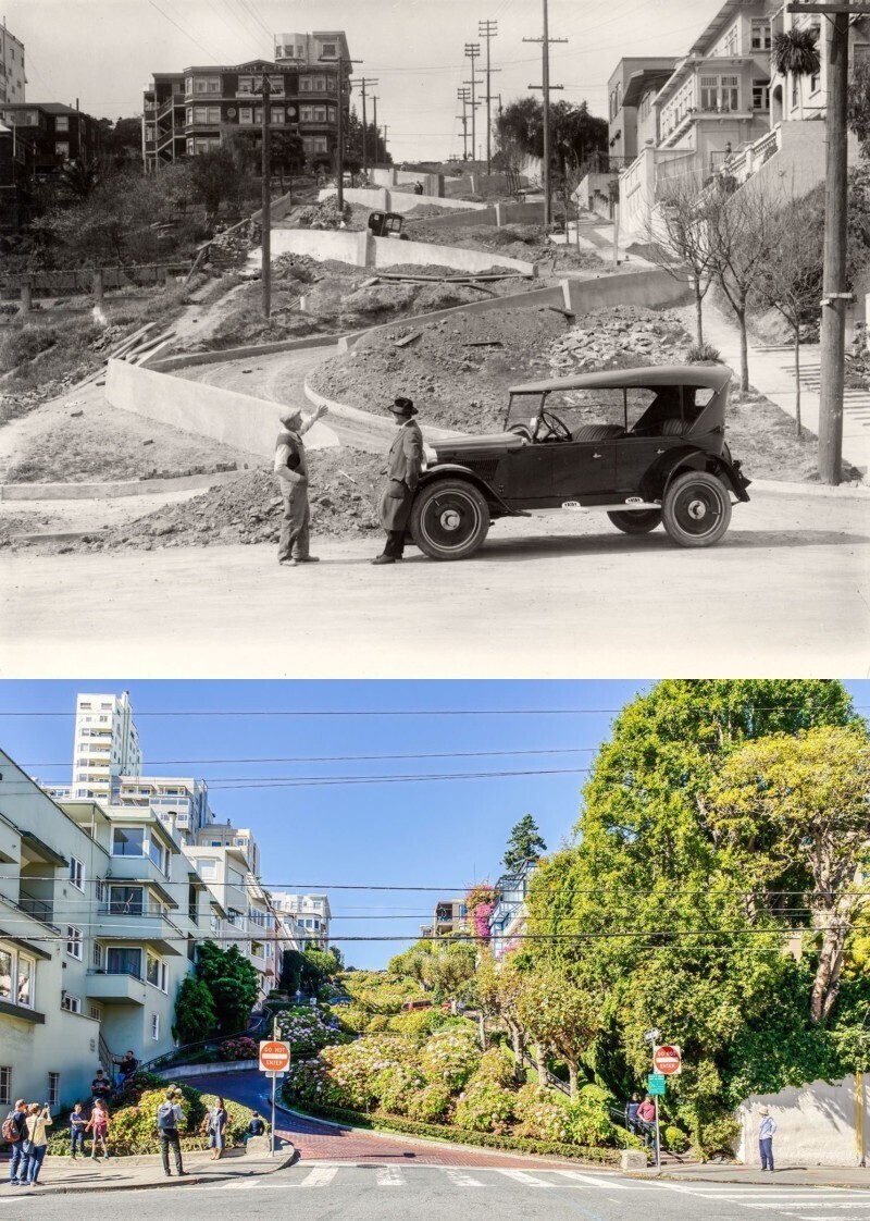 16. Ломбард-стрит, Сан-Франциско, в 1922 году и в 2018-м