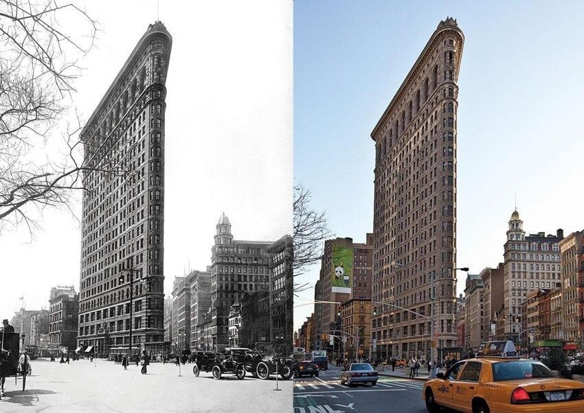 10. Флэтайрон-билдинг ("здание-утюг"), Манхэттен, Нью-Йорк, в 2017 году и в 2012-м