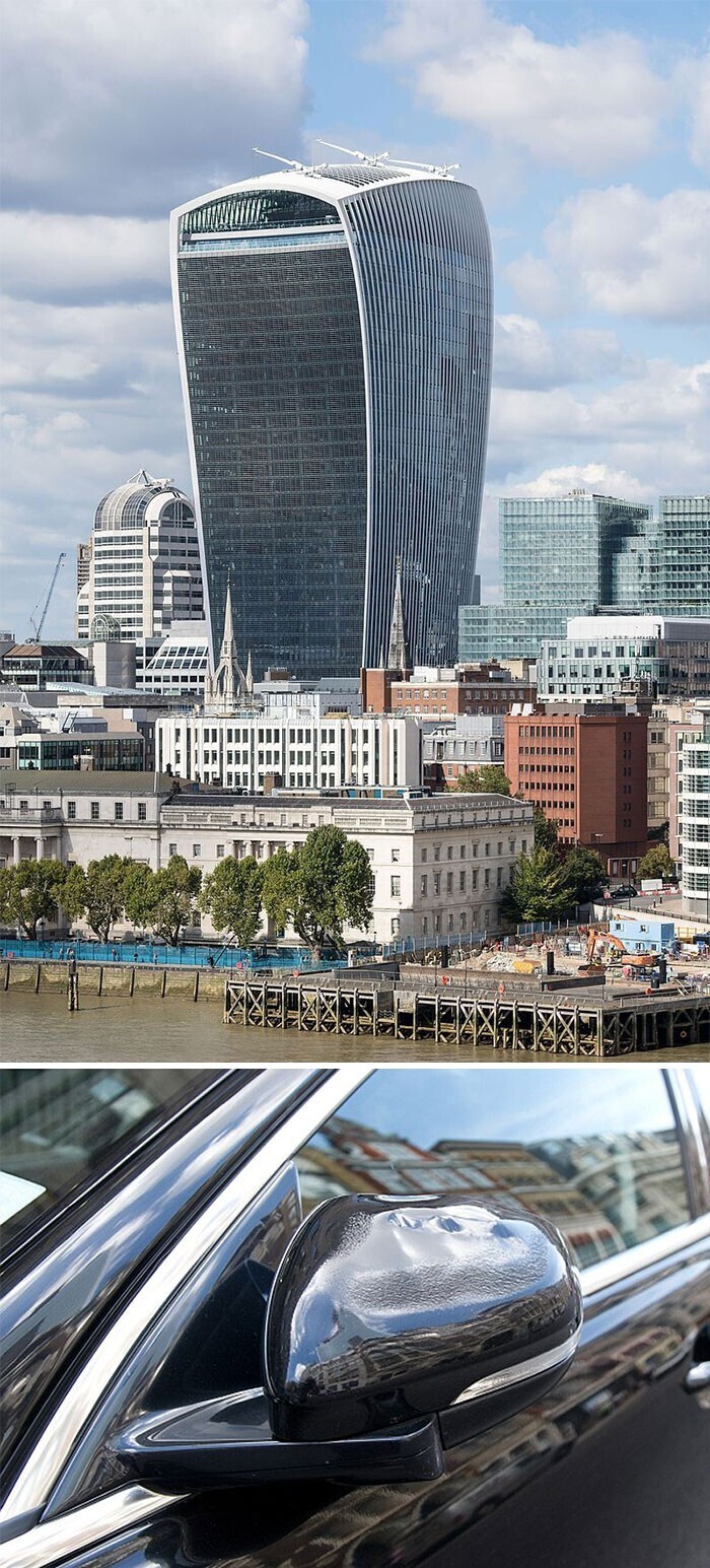 Этот лондонский небоскреб - настоящая линза: от него плавятся стоящие внизу машины