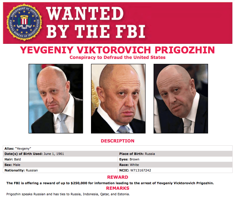 ФБР объявило награду в $250 тыс. за "голову Пригожина"