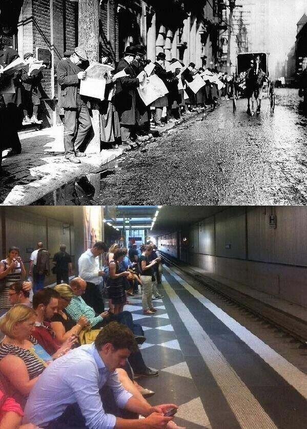 Ожидание общественного транспорта в начале XX и в начале XXI веков.