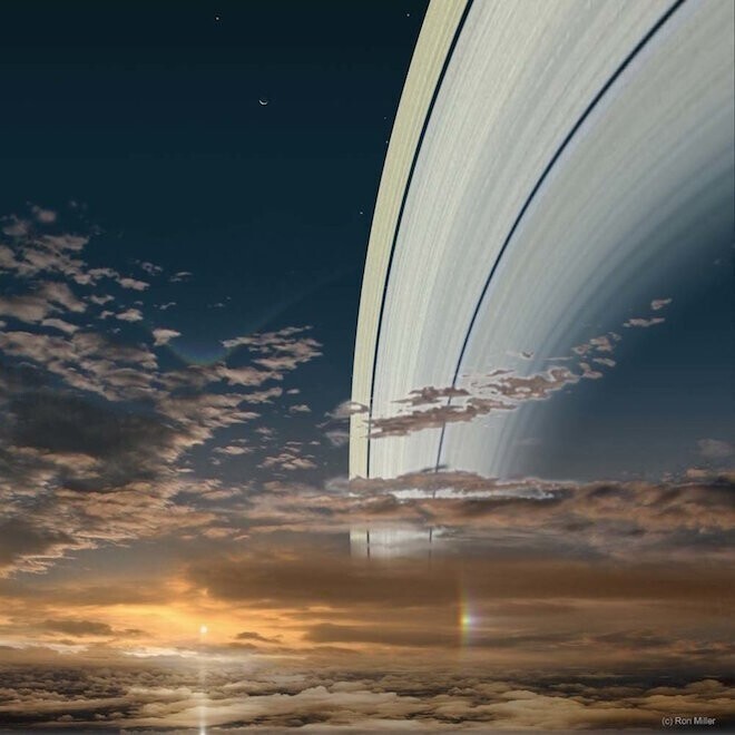 Фотографии Солнца с Сатурна нет, но художник-иллюстратор Рон Миллер предположил, что оно выглядит именно так: