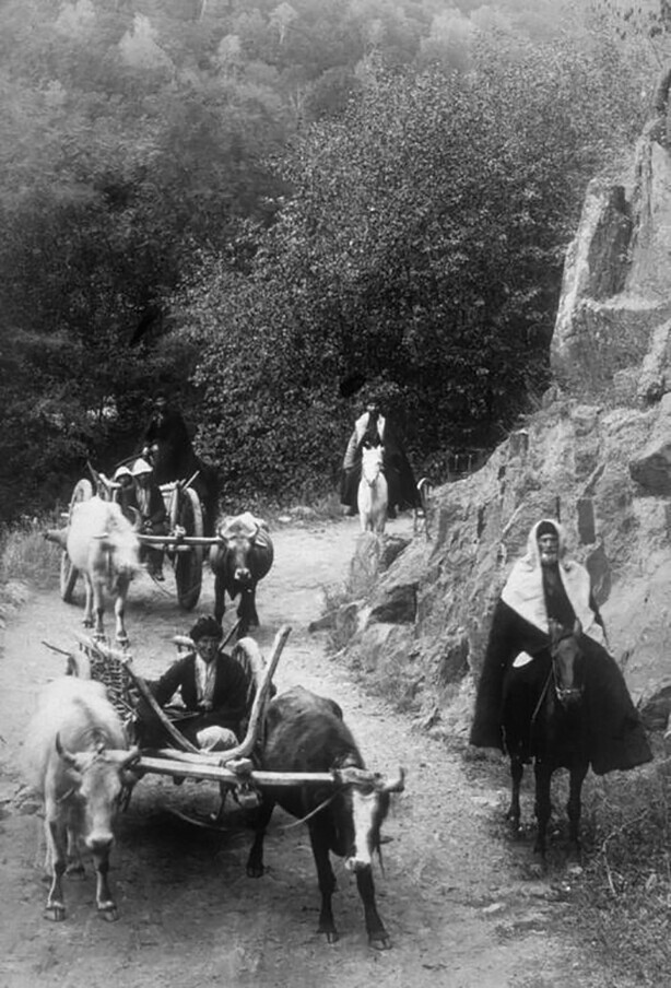 Телеги и люди на Военно-грузинской дороге. 1901