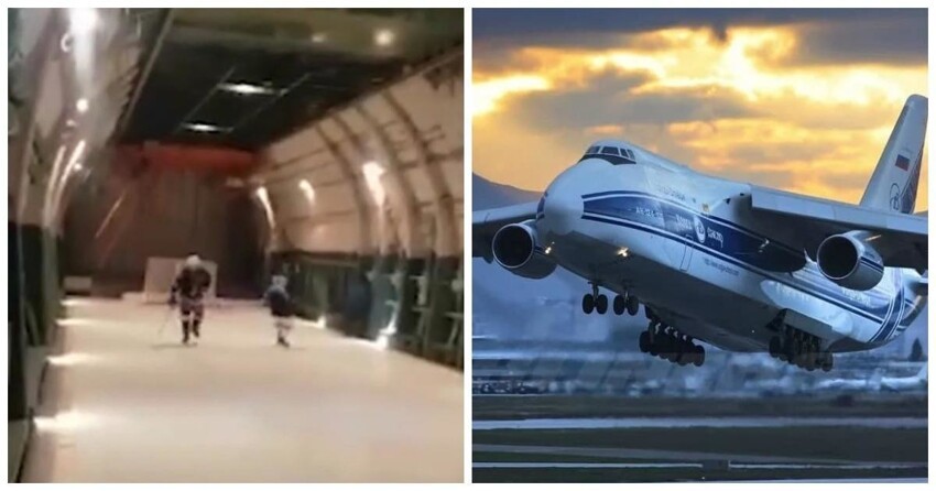 Российские военные залили каток на борту Ан-124 и сыграли в хоккей во время полета
