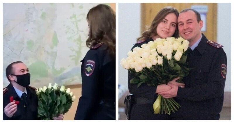 А в России полицейский встал на колено перед возлюбленной прямо на рабочем месте