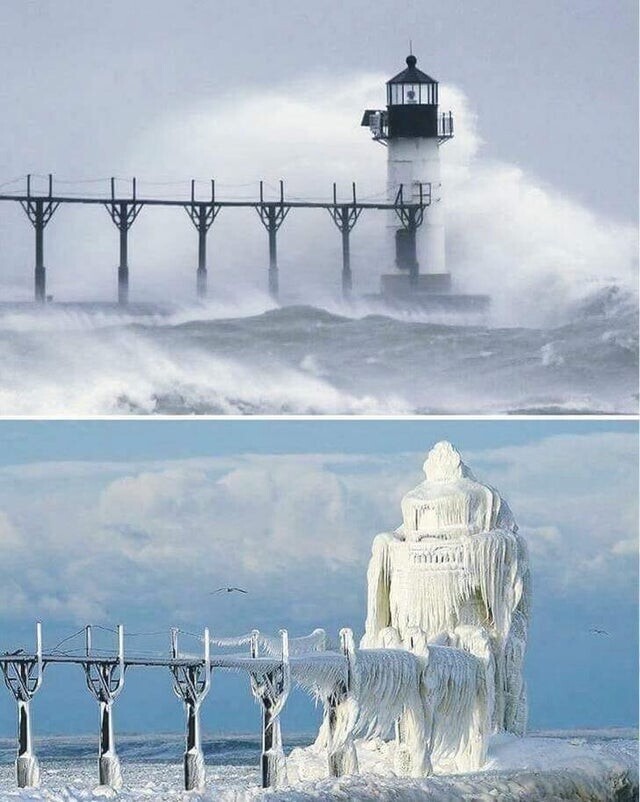 Маяк в Мичигане до и после зимней бури