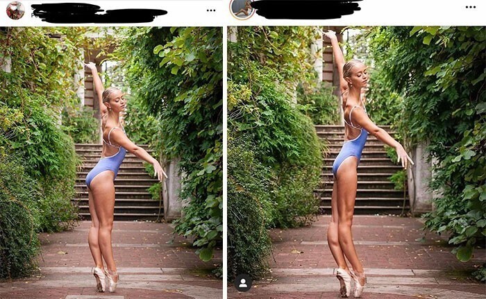 Слева - снимок на сайте фотографа. Справа - снимок на сайте модели.  Она что, мечтает всякий раз стукаться лбом о притолоку?
