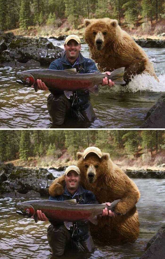 Мужчина держит горбушу, а за ним стоит медведь