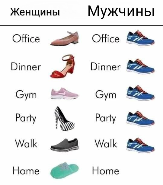 Обувь: офис, обед, спортзал, вечеринка, прогулка, дом