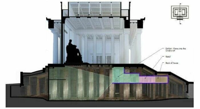 Под мемориалом Линкольна находится подвал площадью 4000 кв. метров. До 1974 года о нем не вспоминали. Здесь образовались сталактиты и сталагмиты, своя экосистема, а еще нашли граффити от рабочих, которые его строили