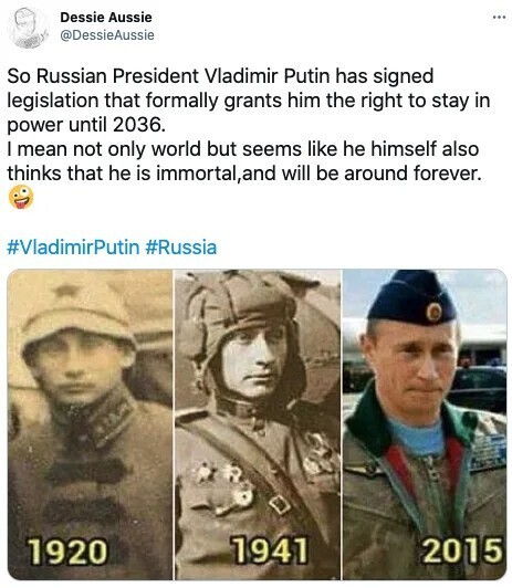 "Итак, Владимир Путин подписал закон, который дает ему право оставаться у власти до 2036 года. То есть не только весь мир, но и он сам считает, что он бессмертный и будет жить вечно"