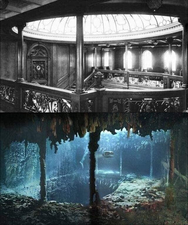 Сверху - фотография парадной лестницы "Титаника", тщательно воспроизведенной в одноименном фильме. Снизу  - фото этой лестницы сейчас