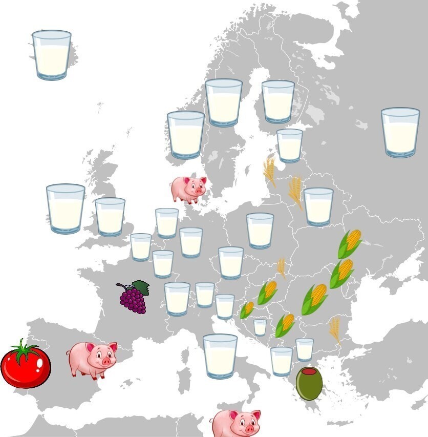 4. Европейские страны и те продукты сельского хозяйства, которые производятся там в наибольшем объёме