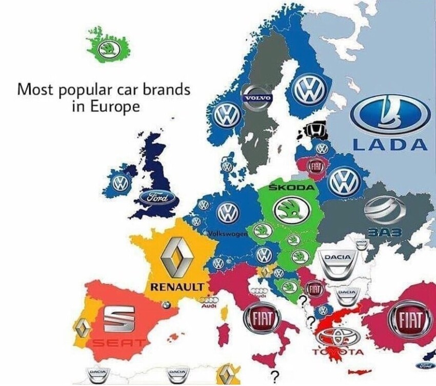16. Самые популярные марки машин в разных странах