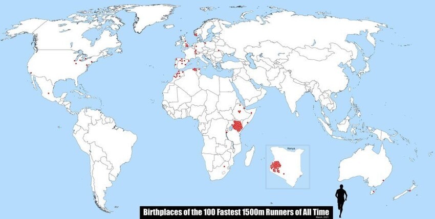 6. Красные точки — это места, где родились 100 самых быстрых бегунов
