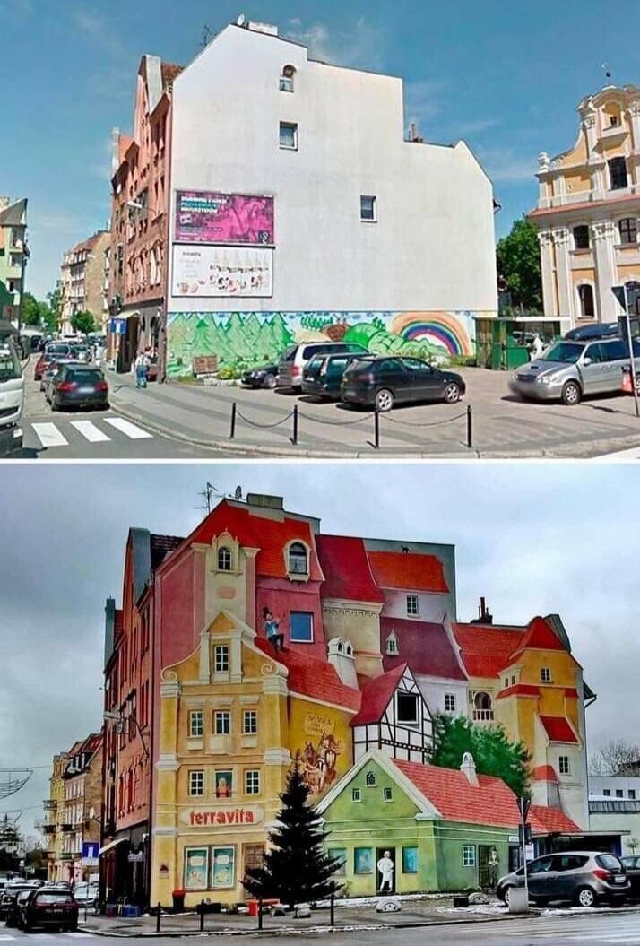 12. Стена здания до и после потрясающей окраски в стиле trompe l’oeil (тромплей, "обманка")