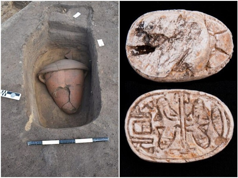 Слева - глиняная ваза, в которой нашли останки младенца; справа - погребальный амулет